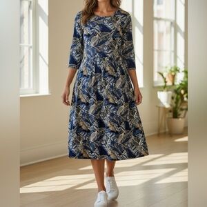 [M]Southern Lady Blue Cream Leaf Mid Sleeve Midi Dress Beachy